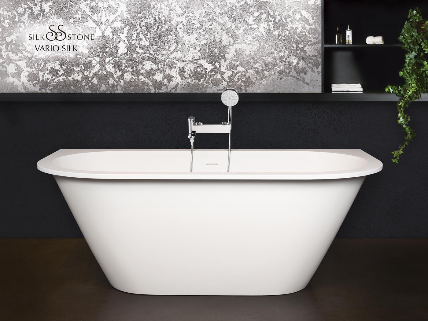 Badkar PAA Deco Wall Silk – för inbyggnad, Silkstone, matt stenkomposit, rundade hörn A och D, 166 cm