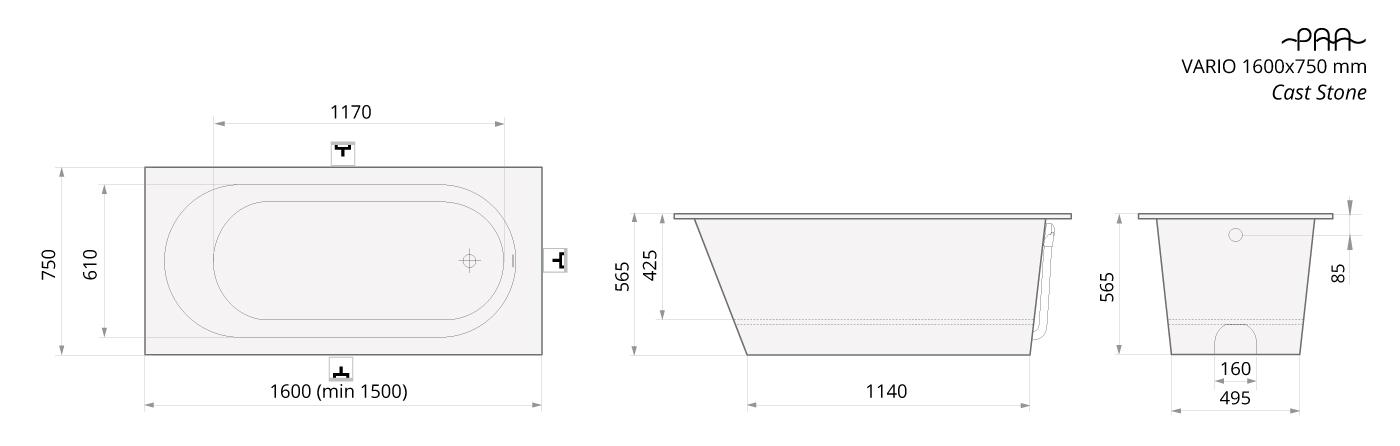 Badkar PAA Vario – för inbyggnad, Cast Stone, blank stenkomposit, 160 cm