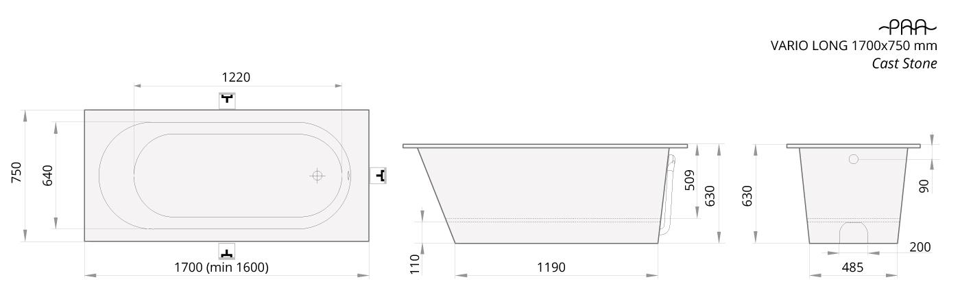 Badkar PAA Vario Long – för inbyggnad, Cast Stone, blank stenkomposit, 1 rundat hörn, 168 cm