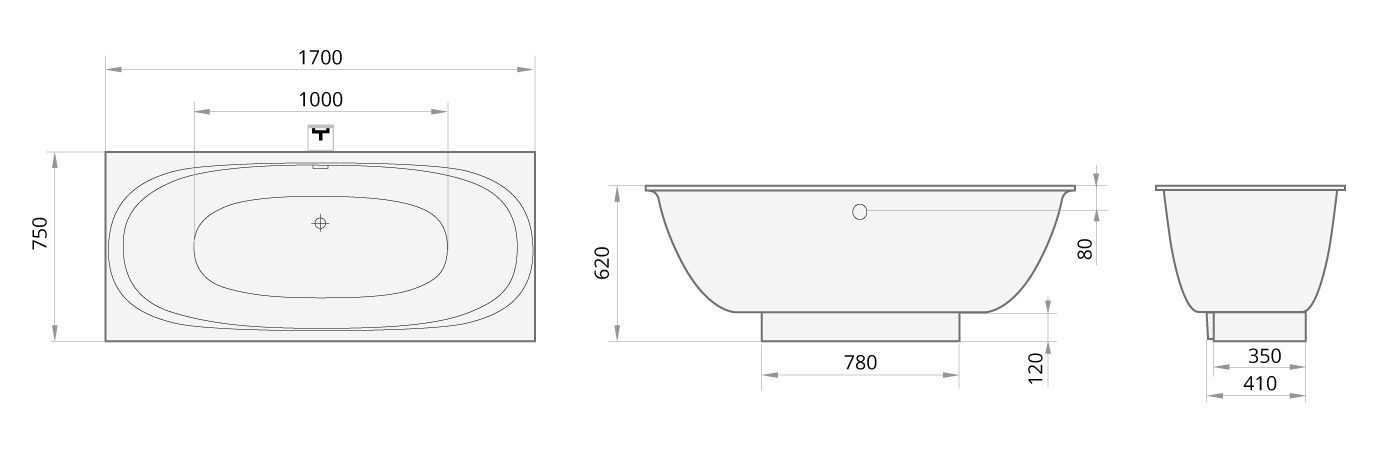 Badkar PAA Verso – för inbyggnad, Cast Stone, blank stenkomposit, med panel, 170 cm