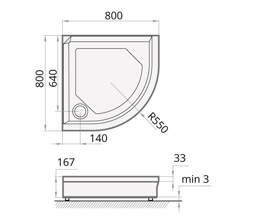 Duschkar PAA Classic – kvartsrunt 80x80 cm, R550, med panel och justerbara fötter