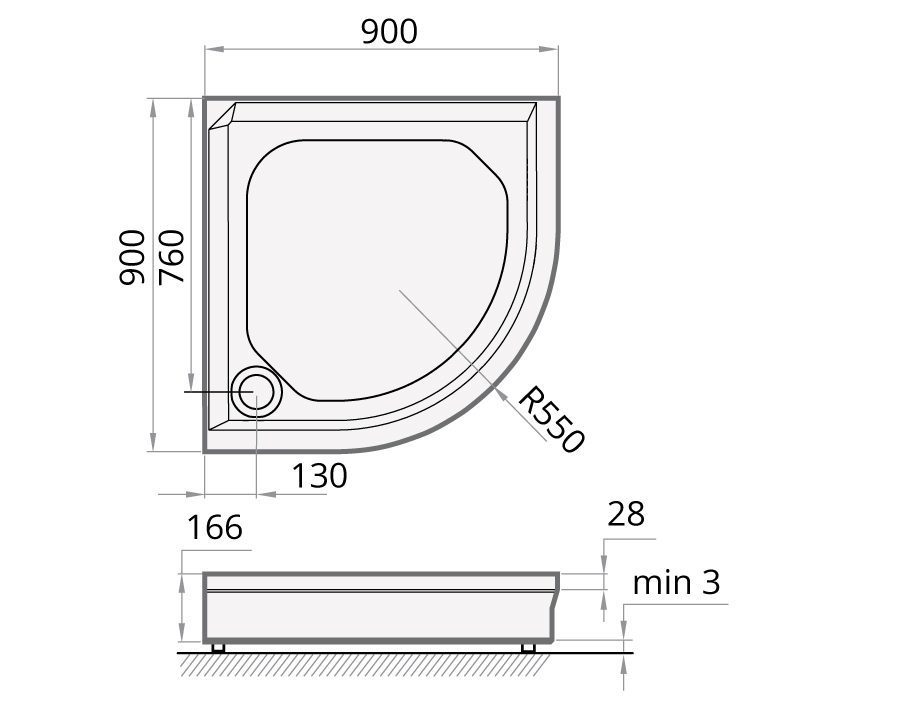 Duschkar PAA Classic – kvartsrunt 90x90 cm, R550, med panel och justerbara fötter