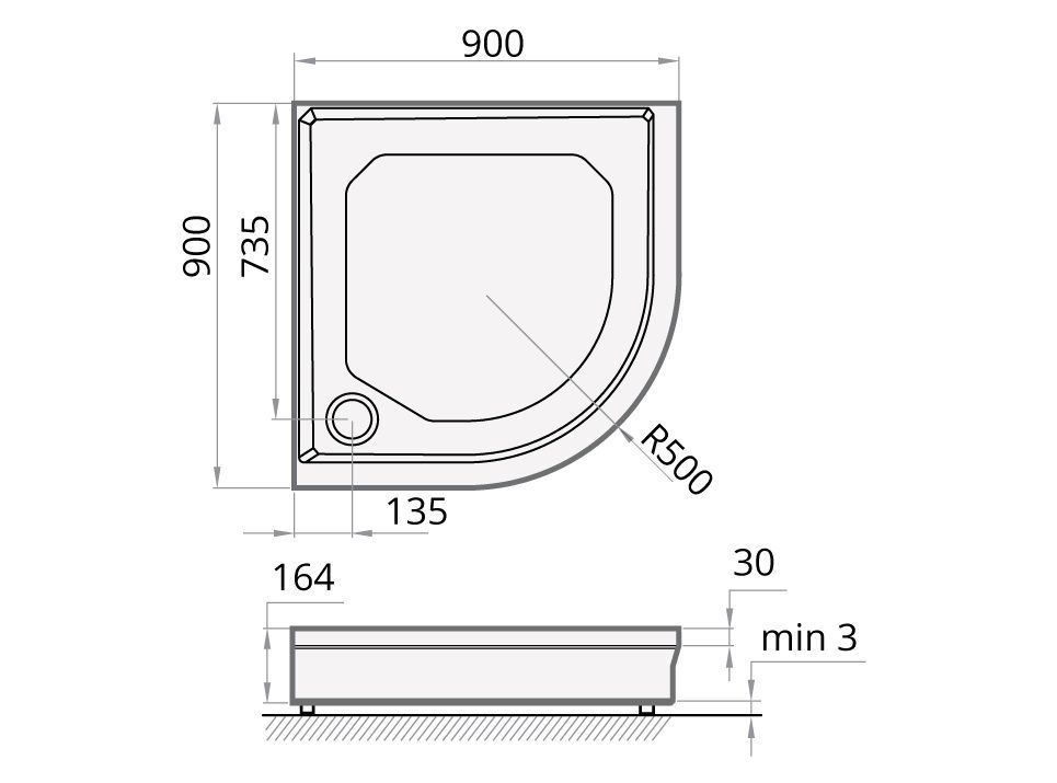 Duschkar PAA Classic – kvartsrunt 90x90 cm, R500, med panel och justerbara fötter