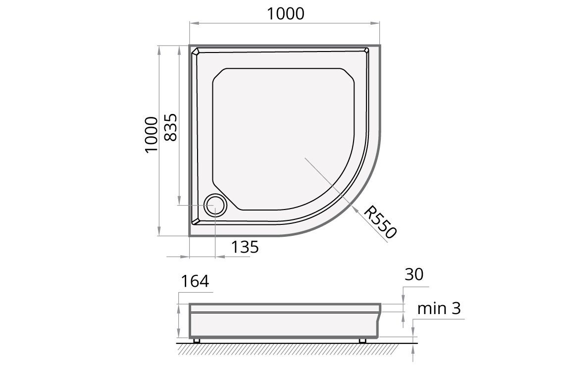 Duschkar PAA Classic – kvartsrunt 100x100 cm, R550, med panel och justerbara fötter