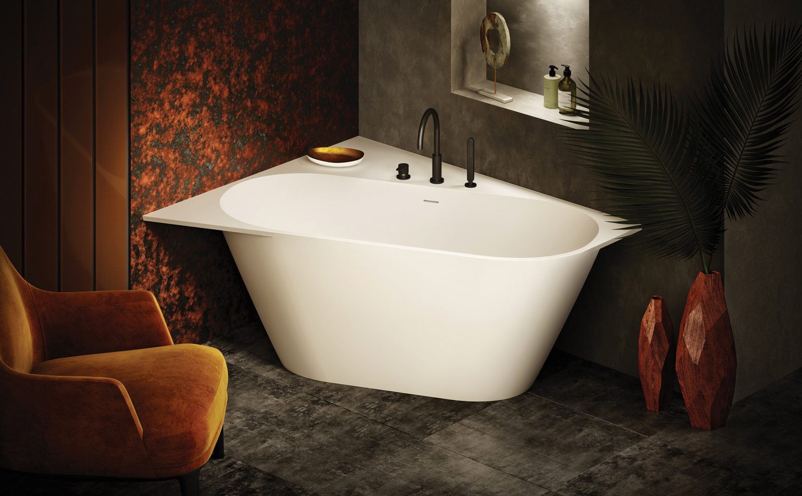 Badkar PAA Deco Corner A – hörnbadkar, Silkstone, matt stenkomposit, 160 cm