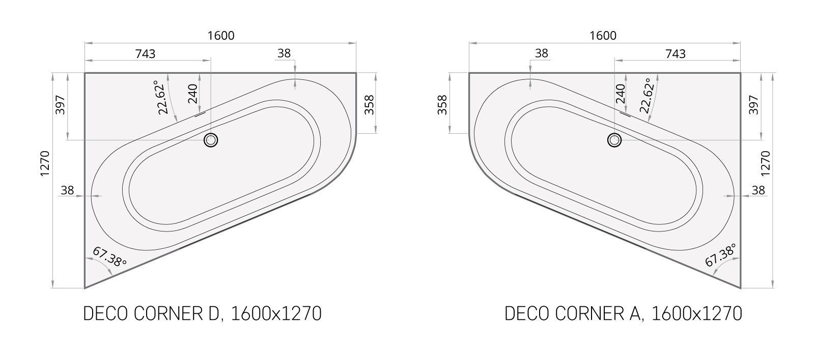 Badkar PAA Deco Corner A – hörnbadkar, Silkstone, matt stenkomposit, 160 cm