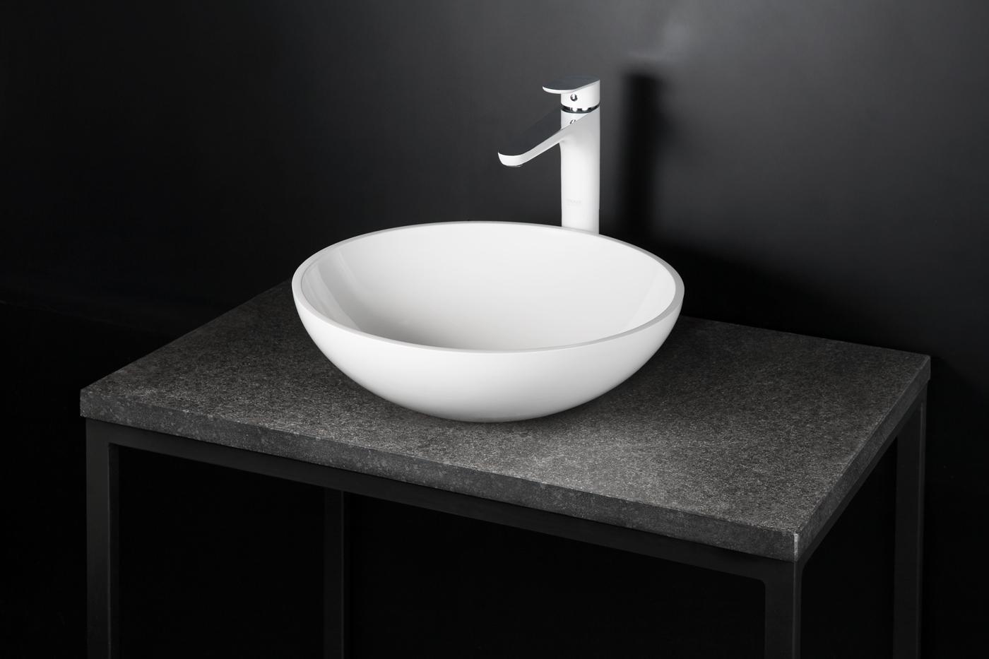 Handfat PAA Round ON – för bänkskiva, Silkstone, matt stenkomposit, Silkstone-bottenventil