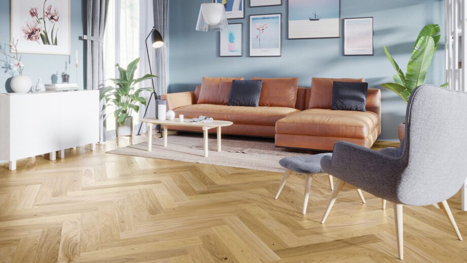 kalanruotoparketti-tammi-110mm-mattalakkattu Kalanruotoparketti tammi luonnollinen mattalakka 110 mm olohuoneen lattialla