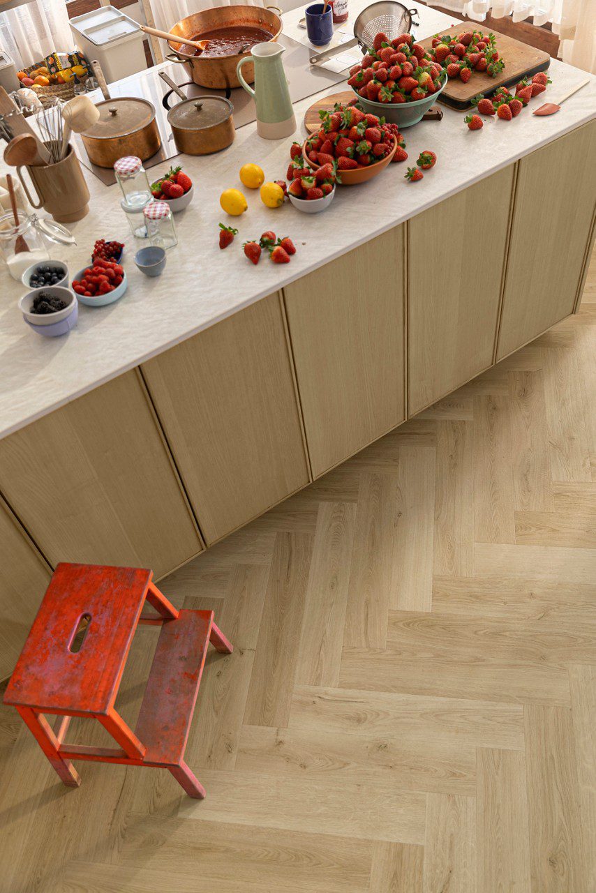 SPC flooring herringbone Quick Step Ciro Botanic Beige installed on Kitchen floor