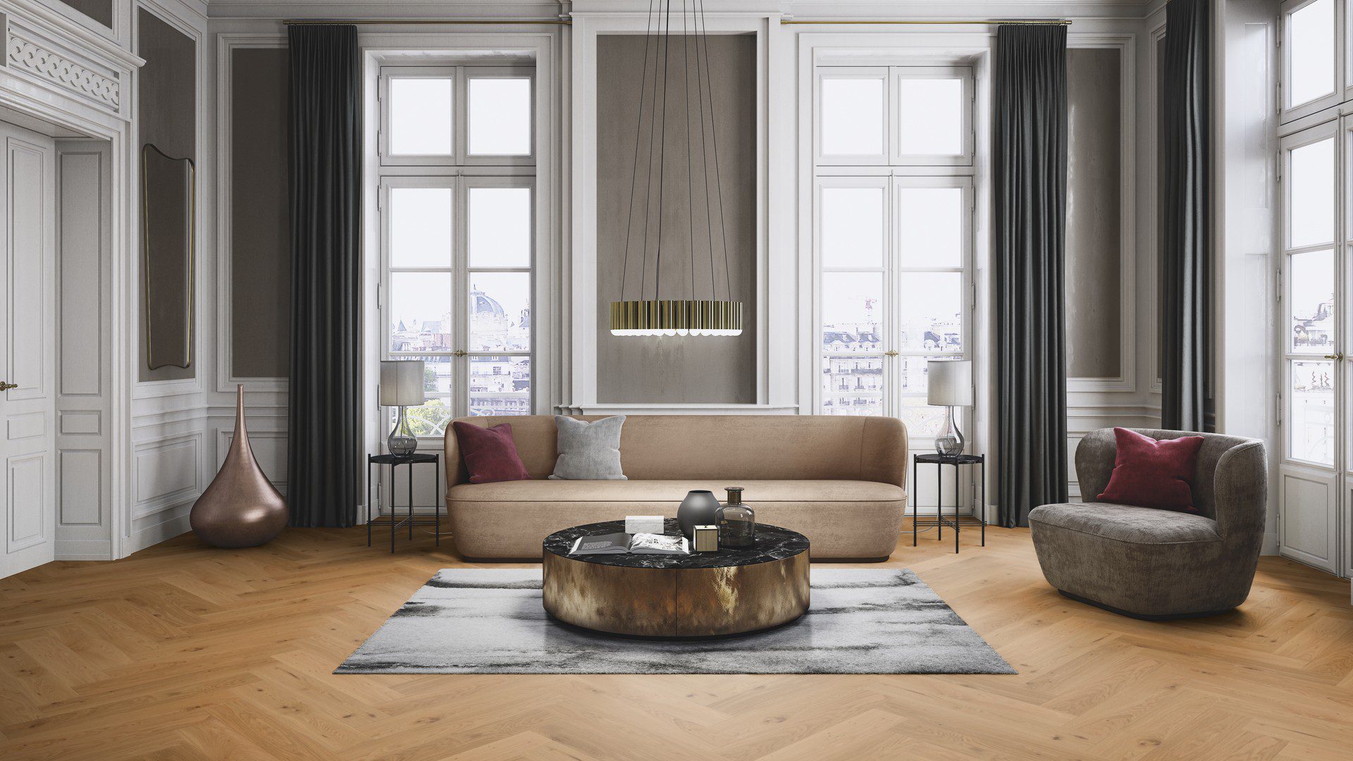 Ёлочный паркет дуб Rustic 140 мм, масляное покрытие, классическая гостиная