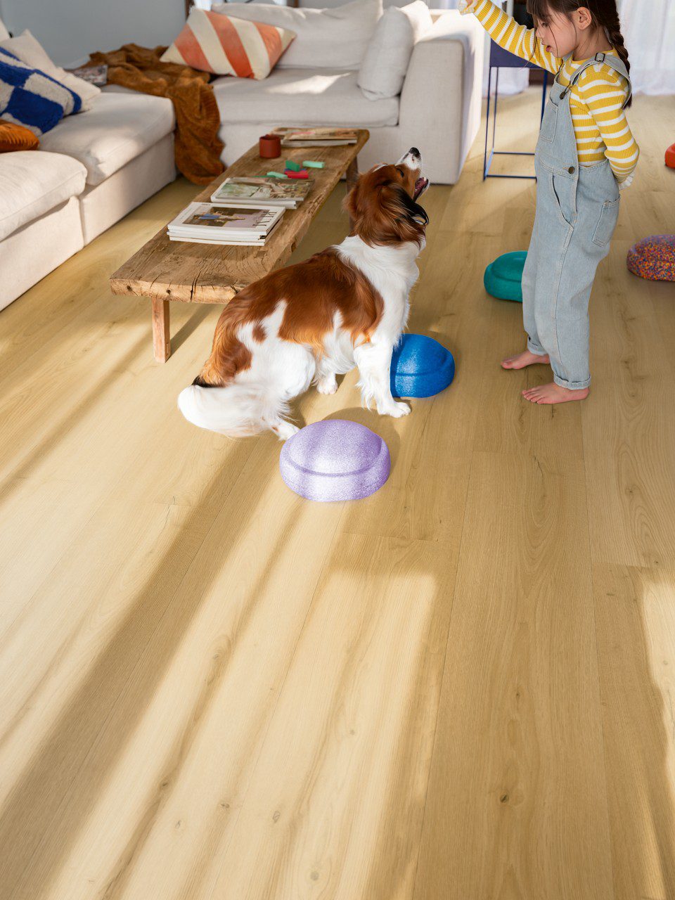 LVT põrandakate Quick Step Bloom brushed oak honey paigaldatud elutoa põrandale. Tüdruk, koer, telekalaud, diivan.