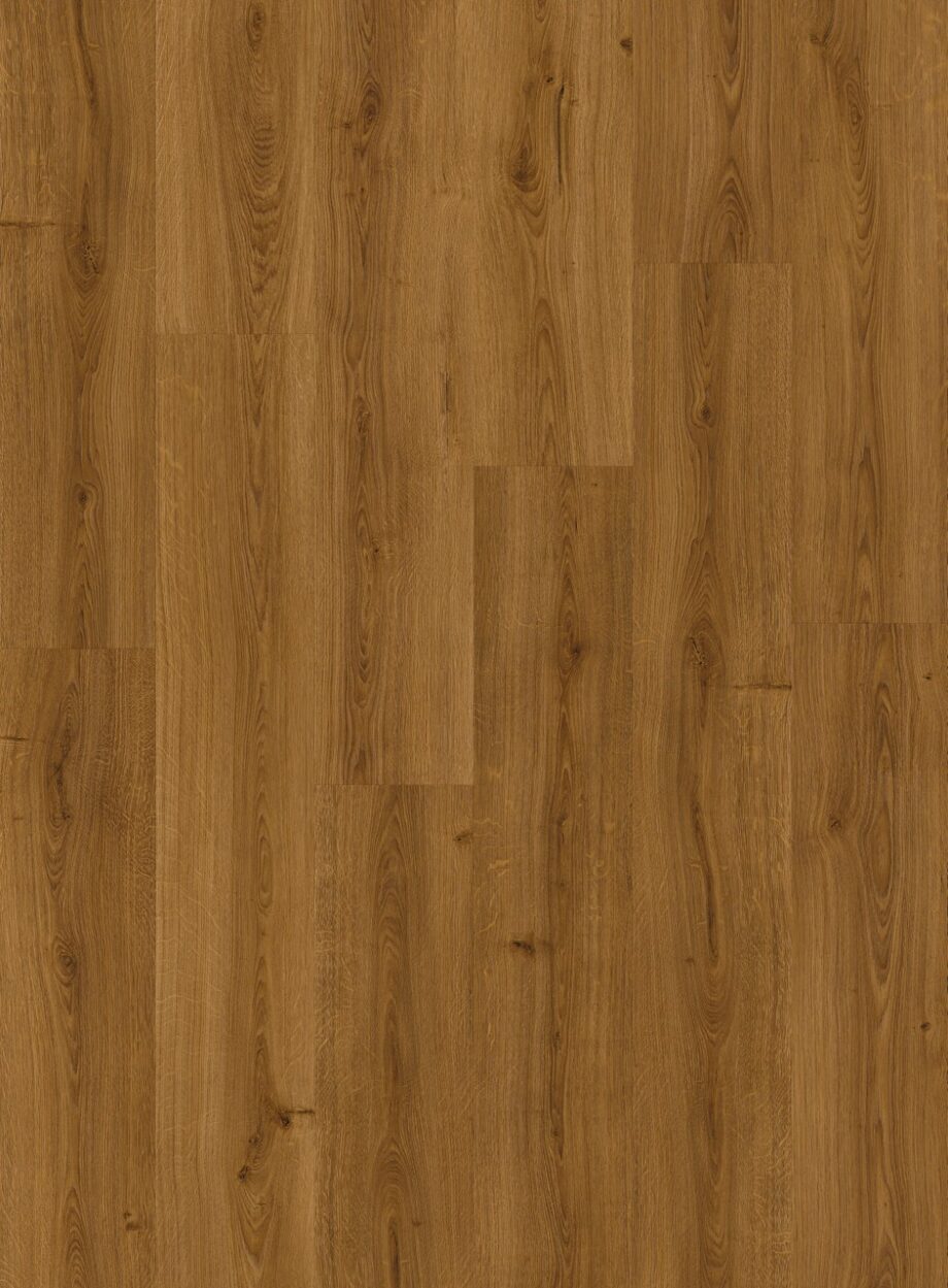 Vinüülparkett Quick-Step Bloom Botanic Caramel Oak toonilt pruun ja kergelt rustikaalse tammelaua disainiga