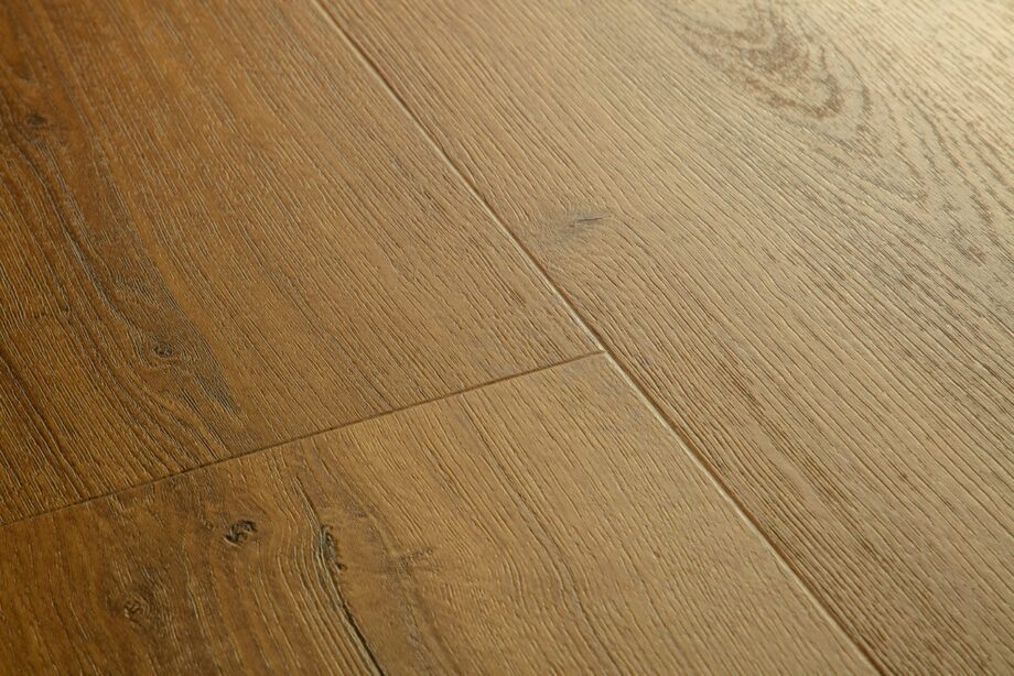 Vinyylilankku Quick Step Bloom Botanic Caramel Oak, lämmin karamellinruskea tammen sävy ja lankkudesign.