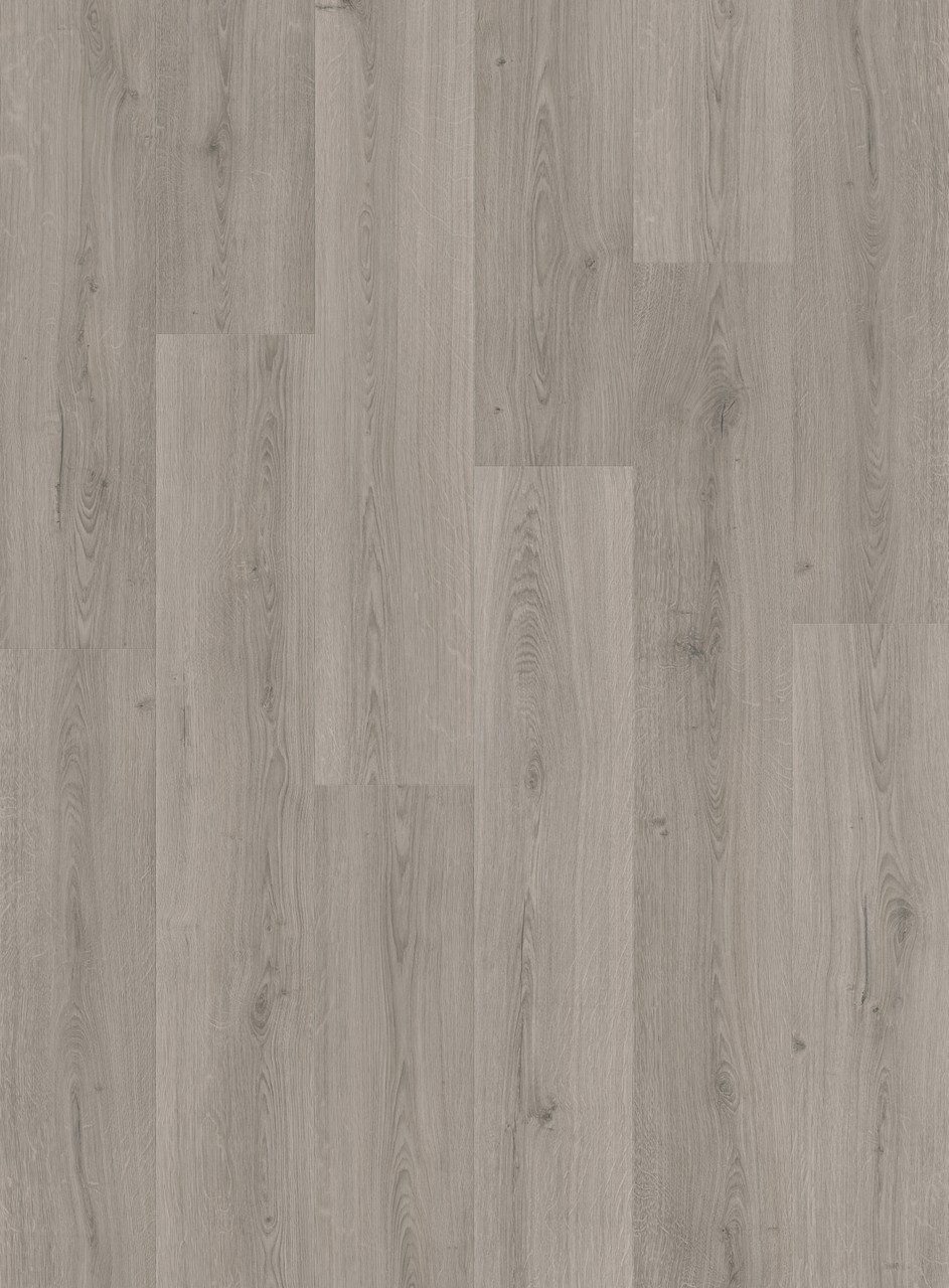 Vinyylilankku Quick Step Bloom Botanic Grey, moderni vaaleanharmaa sävy ja lankkudesign.