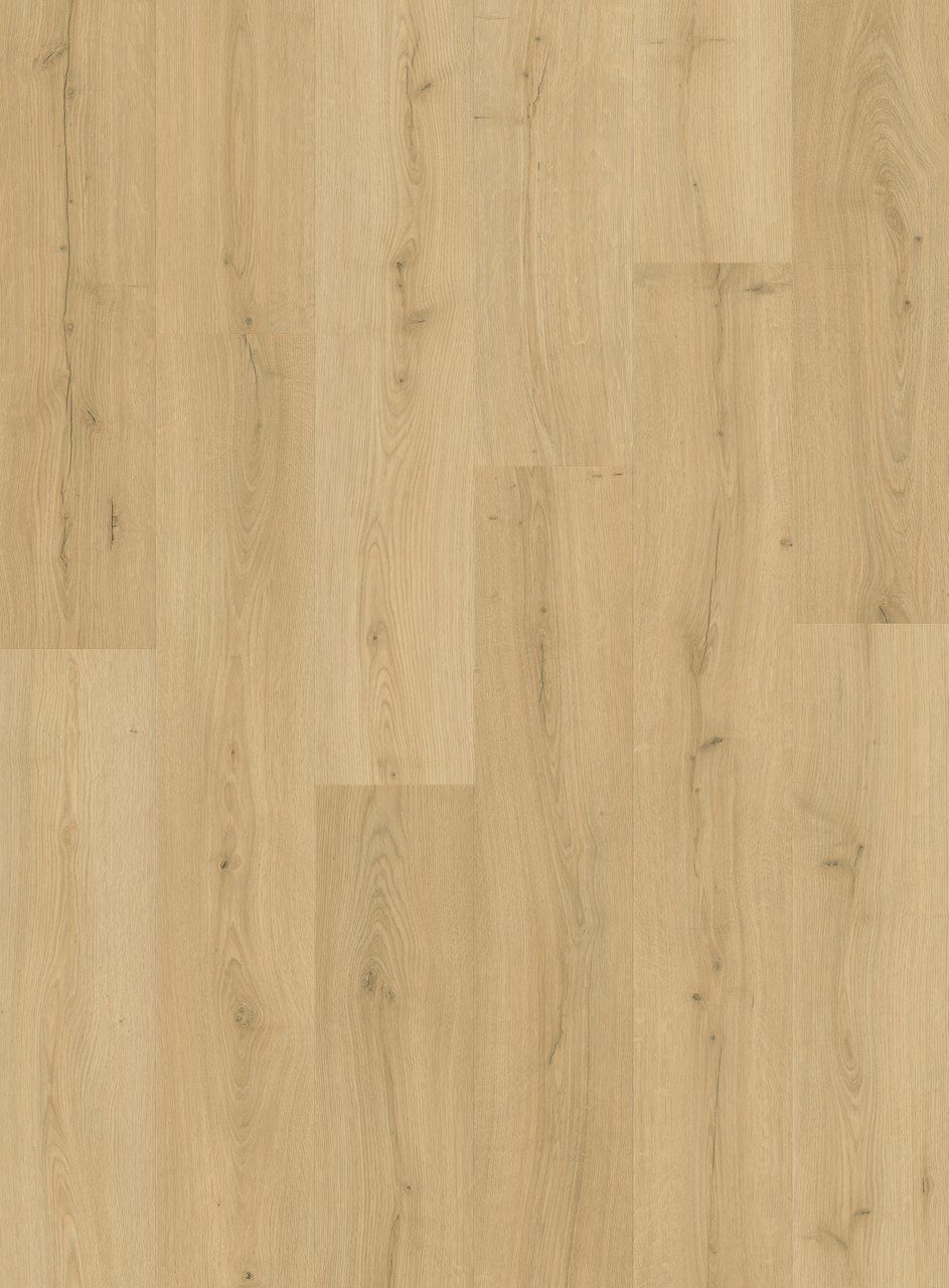 Vinyylilankku Quick Step Bloom Brushed Oak Beige, vaalea beige harjattu tammikuviointi.