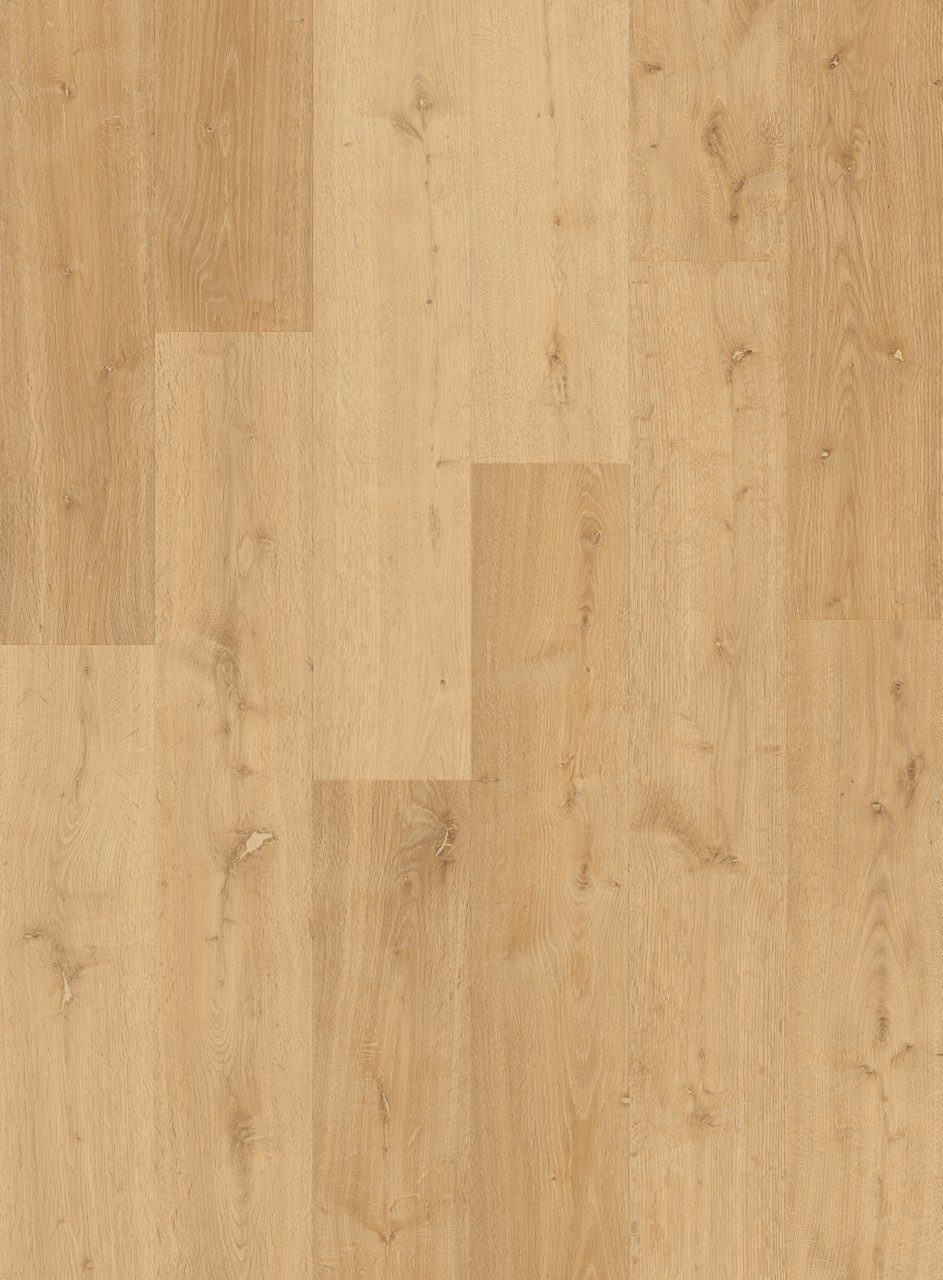 Vinyylilankku Quick Step Bloom Elegant Oak Natural, luonnollinen tammen sävy ja lankkudesign.