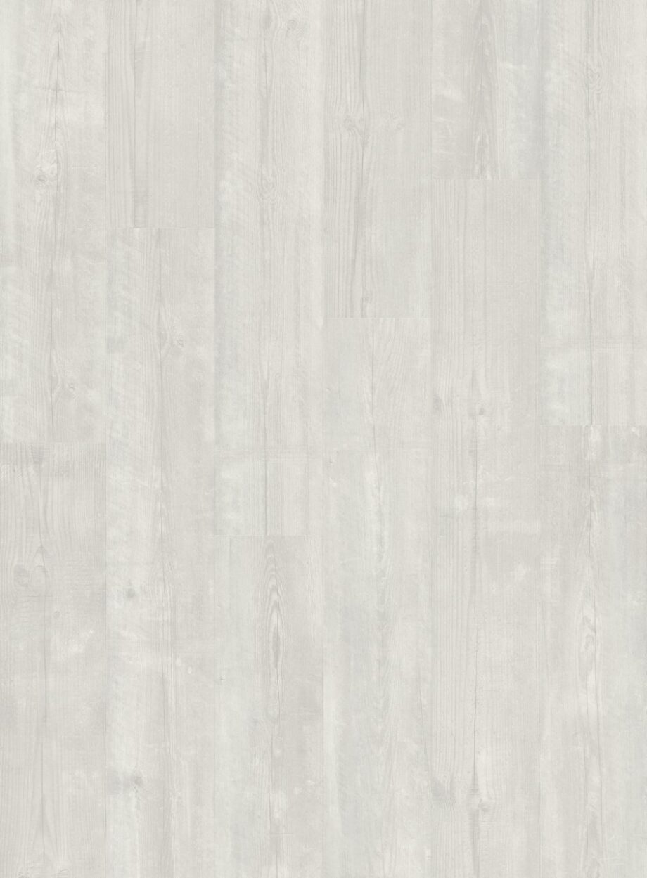 Vinyylilankku Quick Step Bloom Snow Pine, erittäin vaalea luminen mäntysävy ja lankkudesign.
