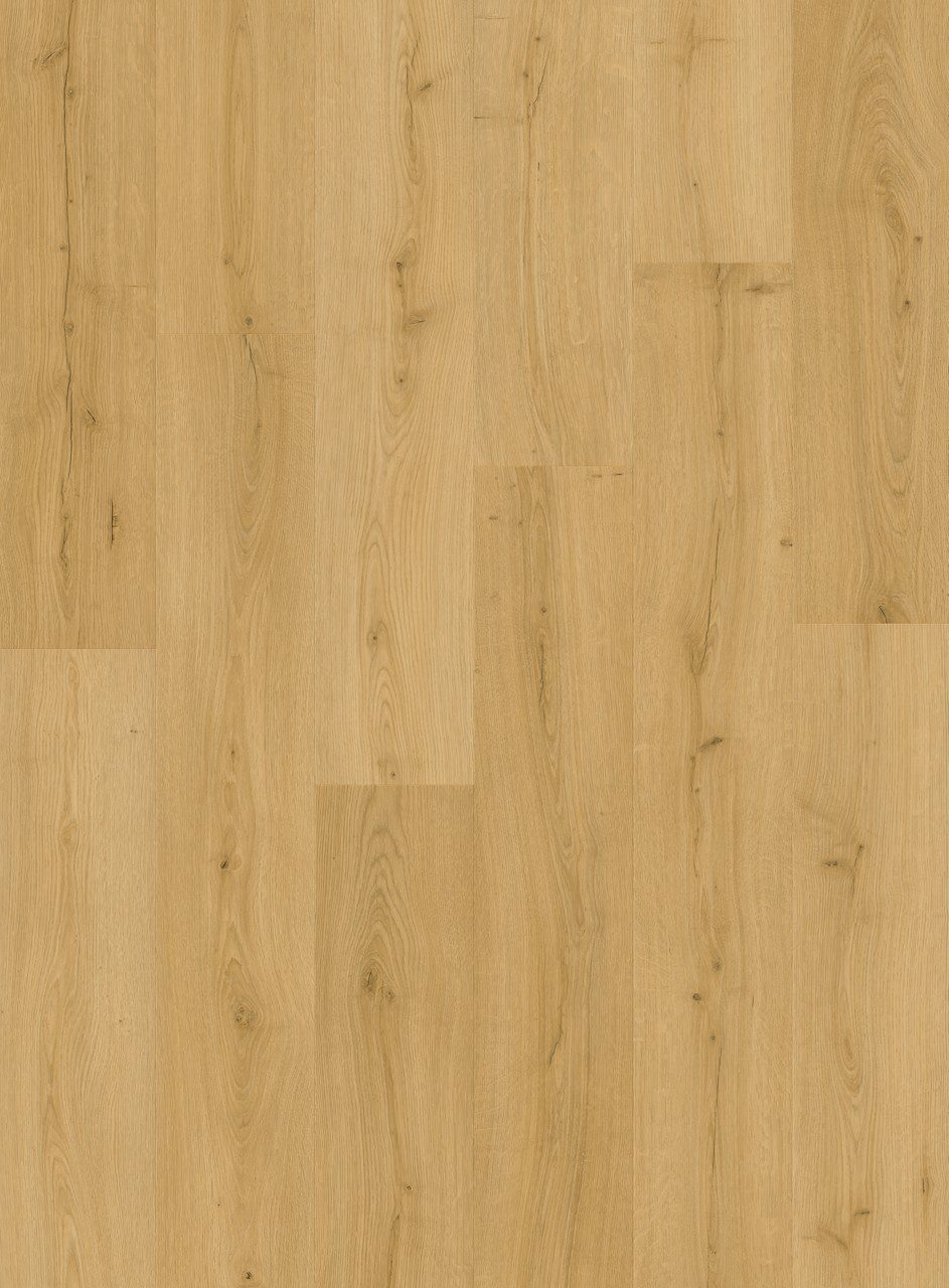 Vinyylilattia Quick Step Bloom Brushed Oak Honey, lämmin hunajainen tammen sävy ja harjattu tammikuviointi.