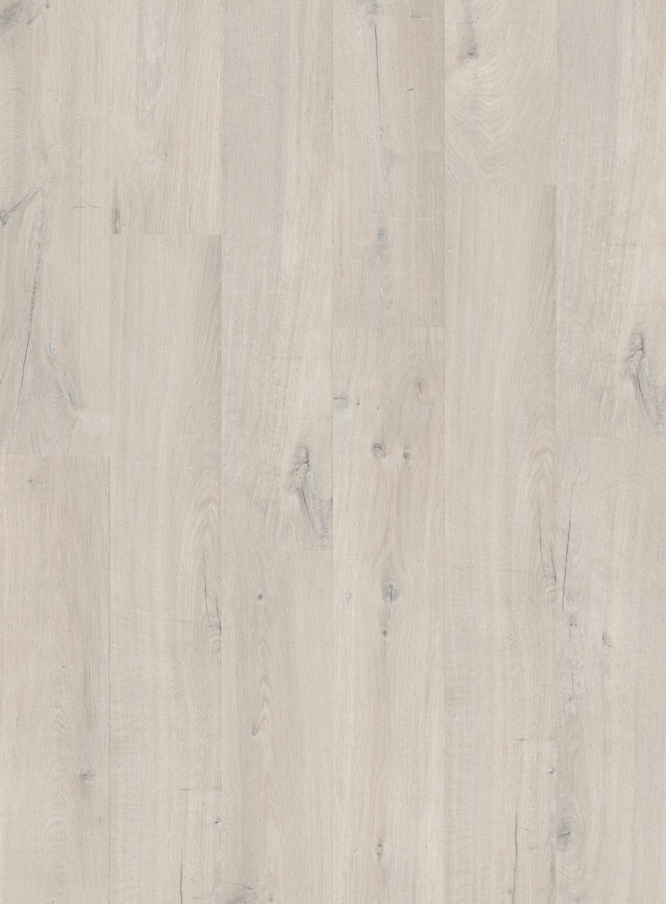 Vinyylilattia Quick Step Bloom Cotton Oak White Blush, erittäin vaalea valkobeige tammen sävy kevyellä punertavalla vivahteella ja lankkudesign.