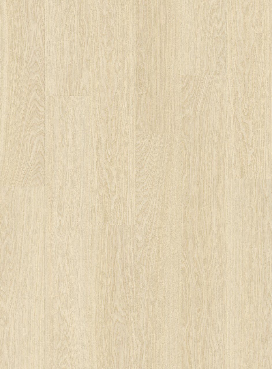 Vinyylilattia Quick Step Bloom Pure Tammi Polar, erittäin vaalea polaarinen tammen sävy ja lankkudesign.