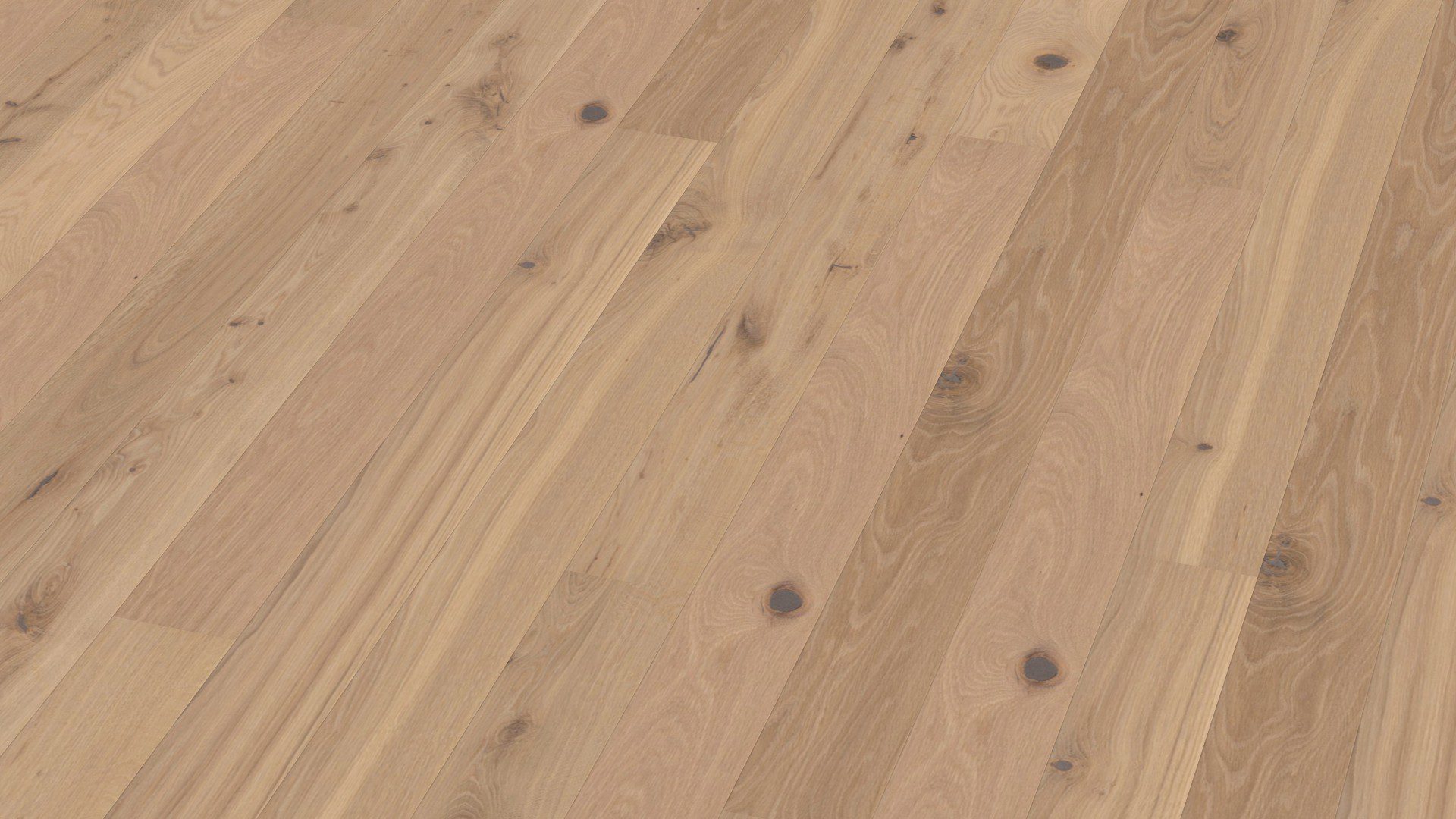 Parkettilattia Bauwerk Boen Casapark tammi 46 Vivo (138 mm), harjattu ja öljyvahattu, asennettuna kodin lattialle – vaalea, luonnollisen elävä tammensävy (Vivo) ja rustiikkinen sorteerus (oksakohtia sekä selkeää sävyvaihtelua). Harjattu pinta korostaa puun aitoa tekstuuria.