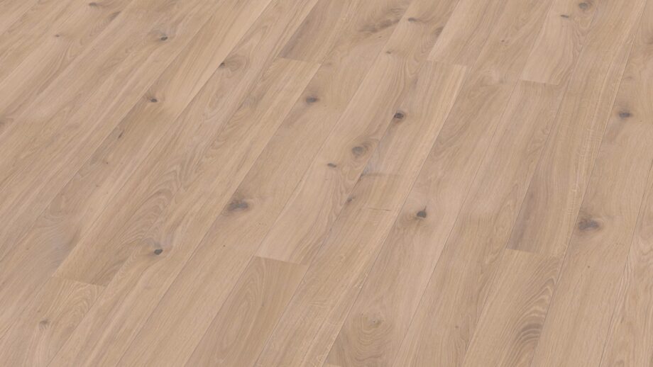 Parkettilattia Bauwerk Casapark Tammi 46 Crema harjattu B-Protect – vaalea, pehmeän lämmin tammen sävy, harjattu pinta ja rauhallinen, luonnollinen puukuvio.