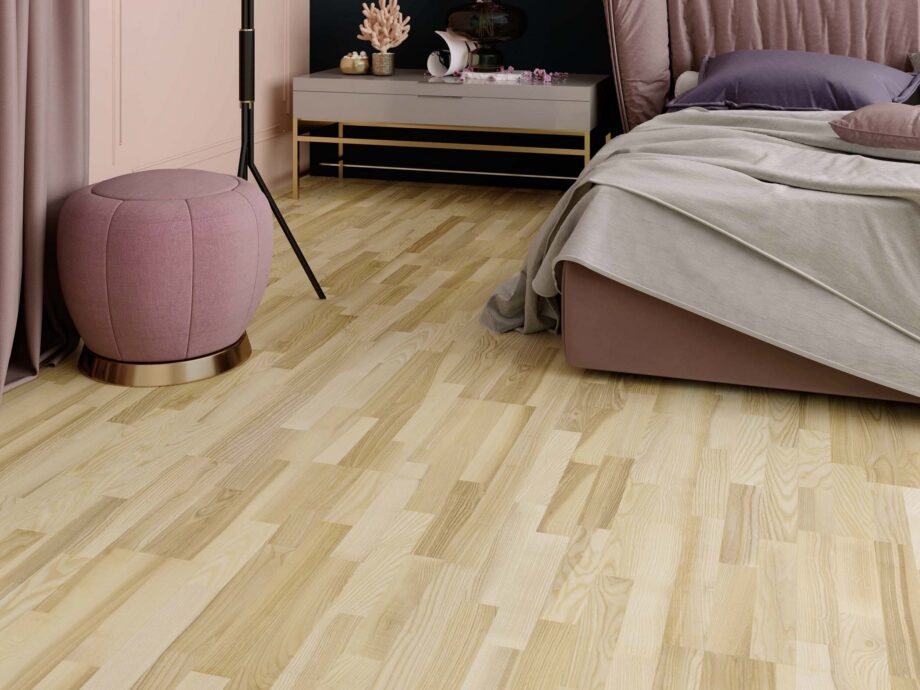 Askparkett 3-stav Esta Elegant Pure Line extra mattlackad – närbild Askparkett 3-stav Esta Elegant Pure Line extra mattlackad – 3