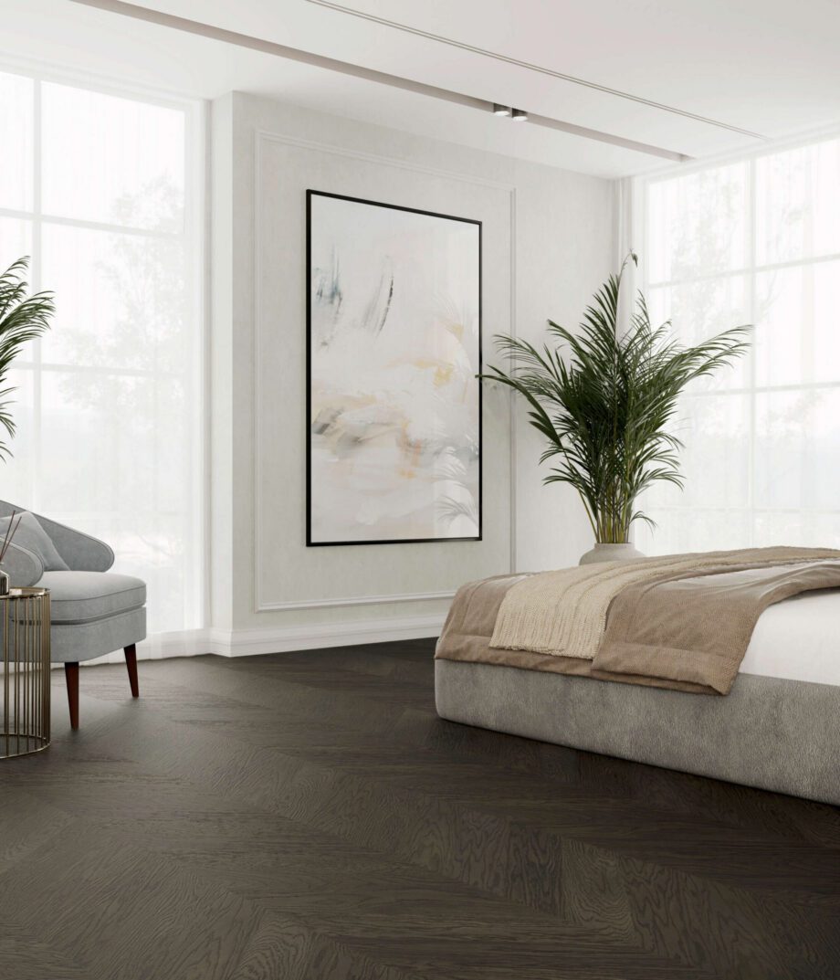 Chevronparkett ek Esta Nova Eco Elite Lava Grey extra mattlackad – närbild Chevronparkett ek Esta Nova Eco Elite Lava Grey extra mattlackad – 3