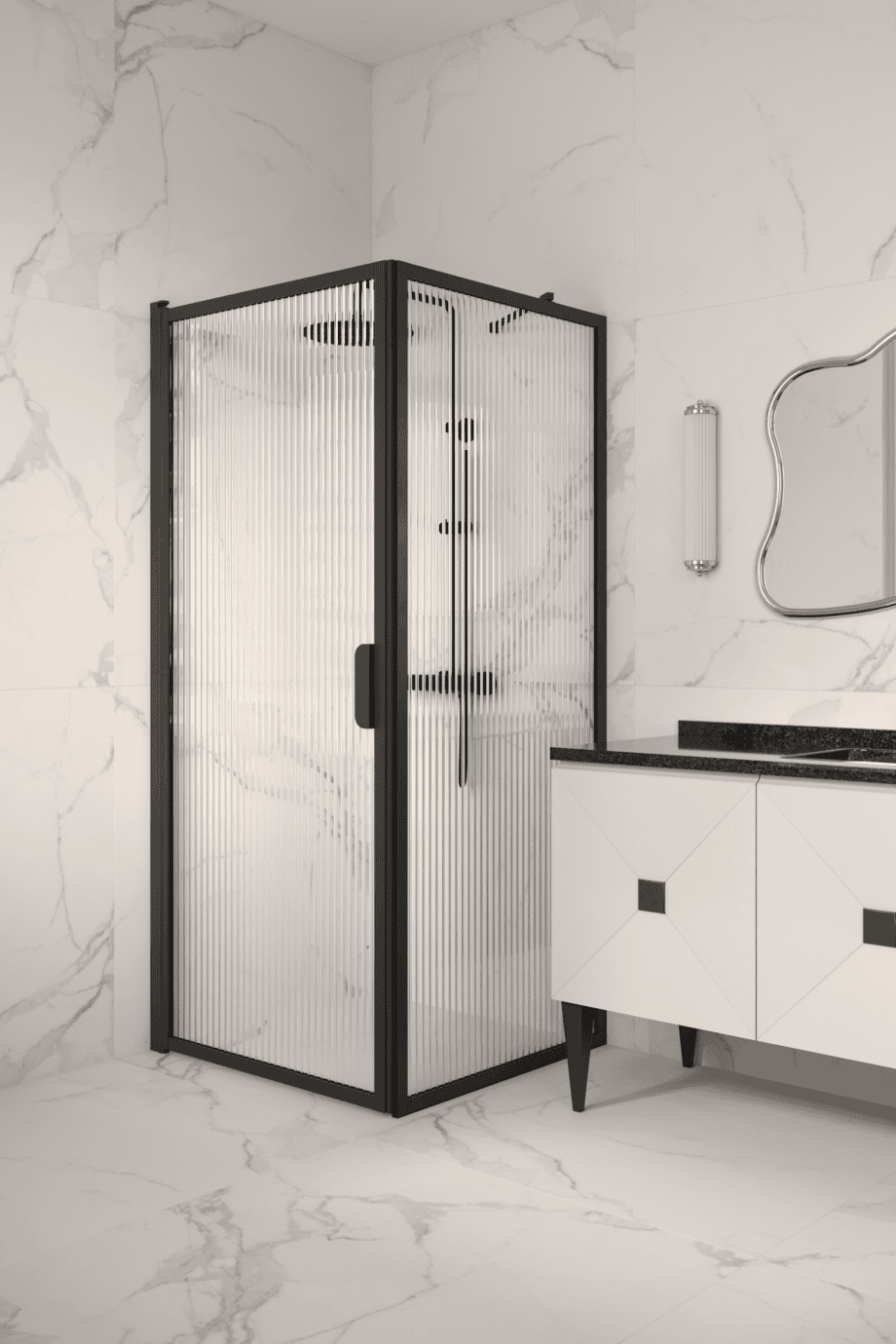 Duschhörna Hietakari Bläk 755 New York, svart ram, räfflat glas (Reeded)