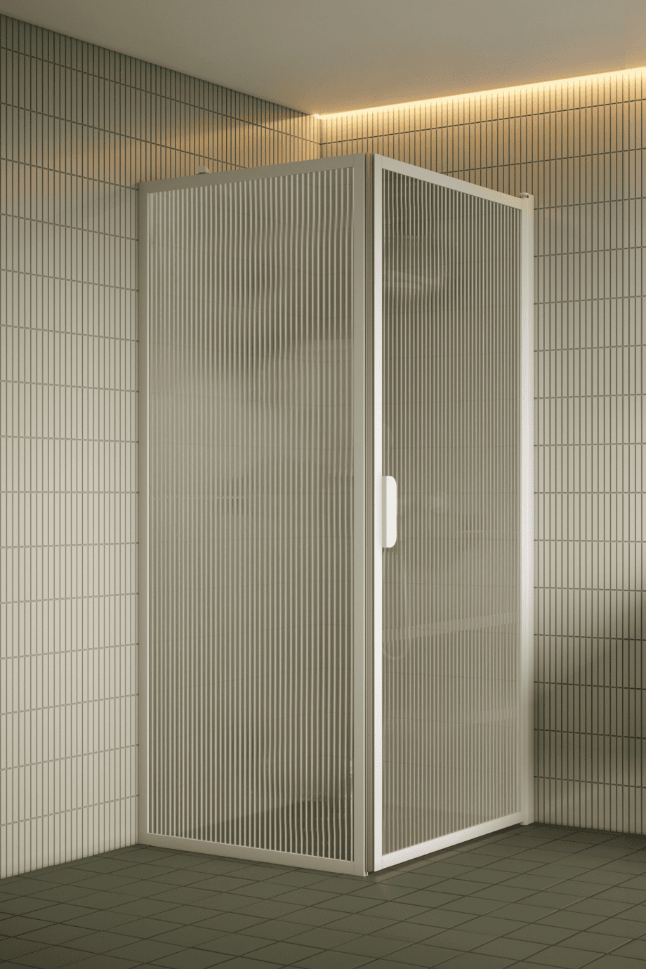 Duschhörna Hietakari Bläk 755 New York, vit ram, räfflat glas (Reeded)