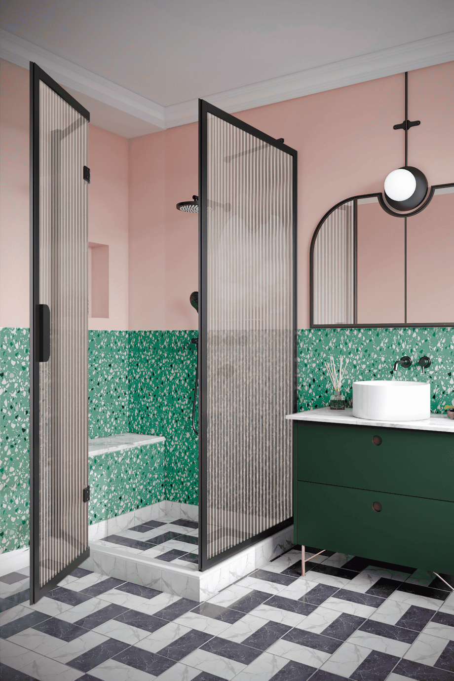 Duschhörna Hietakari Bläk 887 New York, svart ram, räfflat glas (Reeded)