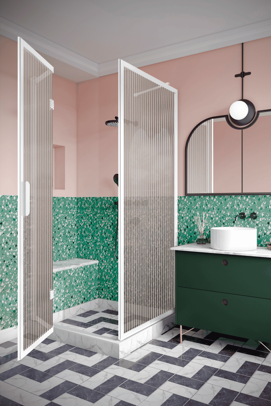 Duschhörna Hietakari Bläk 887 New York, vit ram, räfflat glas (Reeded)