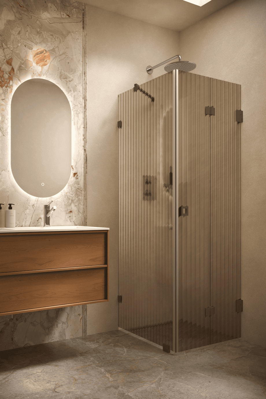Duschhörna Hietakari Vetro 541, Cocoa-beslag, brunt räfflat glas (Reeded)