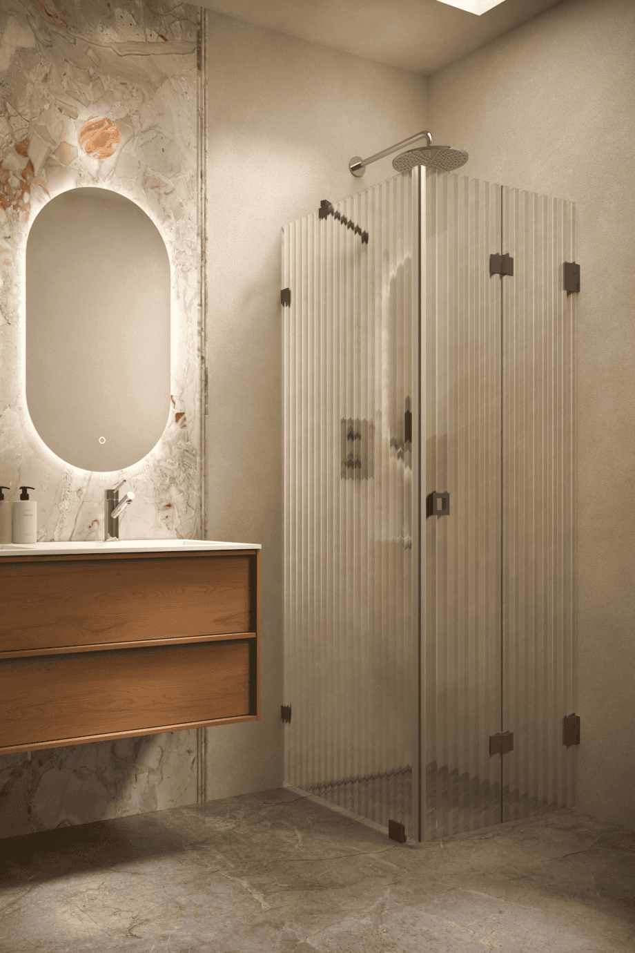 Duschhörna Hietakari Vetro 541, Cocoa-beslag, räfflat glas (Reeded)