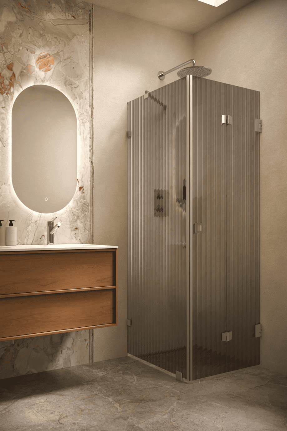 Duschhörna Hietakari Vetro 541, borstade beslag, grått räfflat glas (Reeded)
