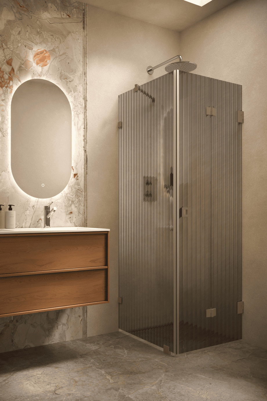 Duschhörna Hietakari Vetro 541, Mocha-beslag, grått räfflat glas (Reeded)