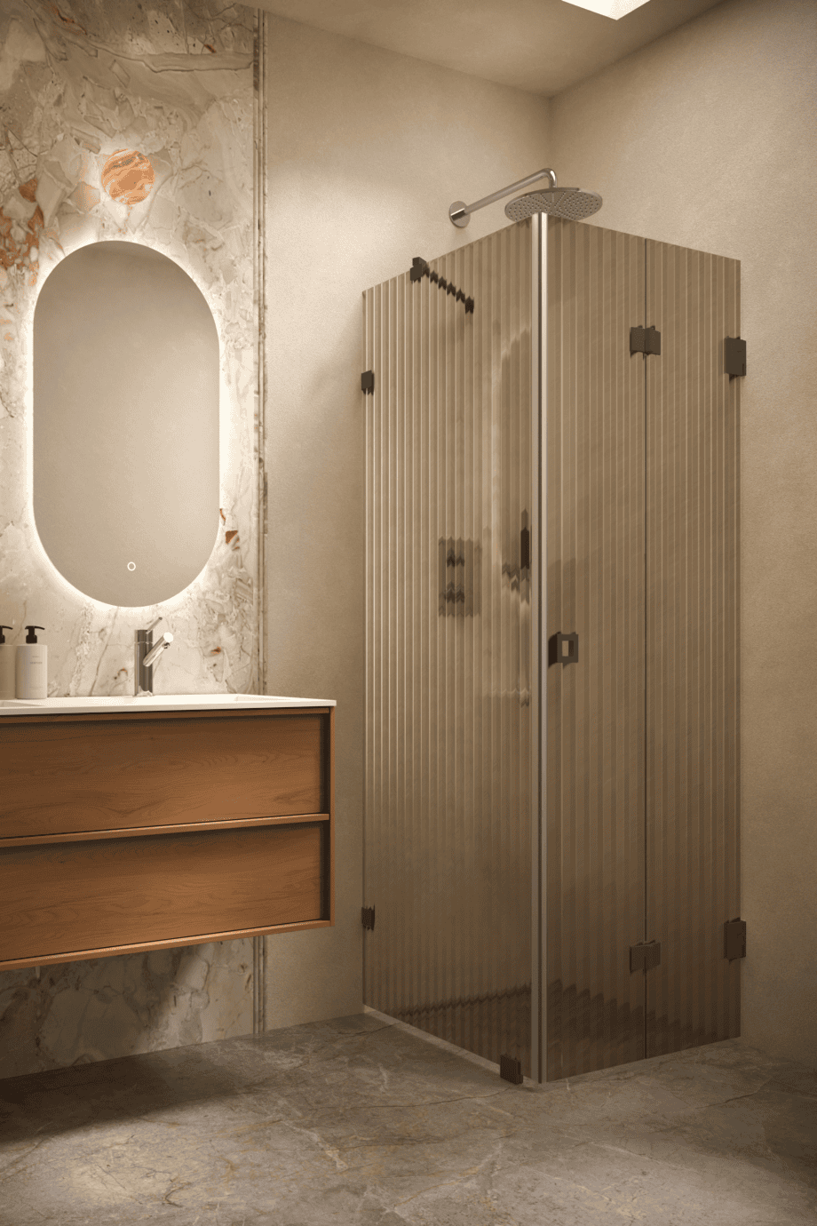 Duschhörna Hietakari Vetro 541, svarta beslag, brunt räfflat glas (Reeded)
