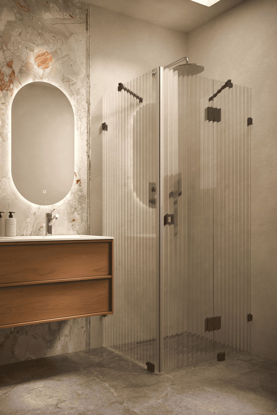 Duschhörna Hietakari Vetro 541, svarta beslag, räfflat glas (Reeded)