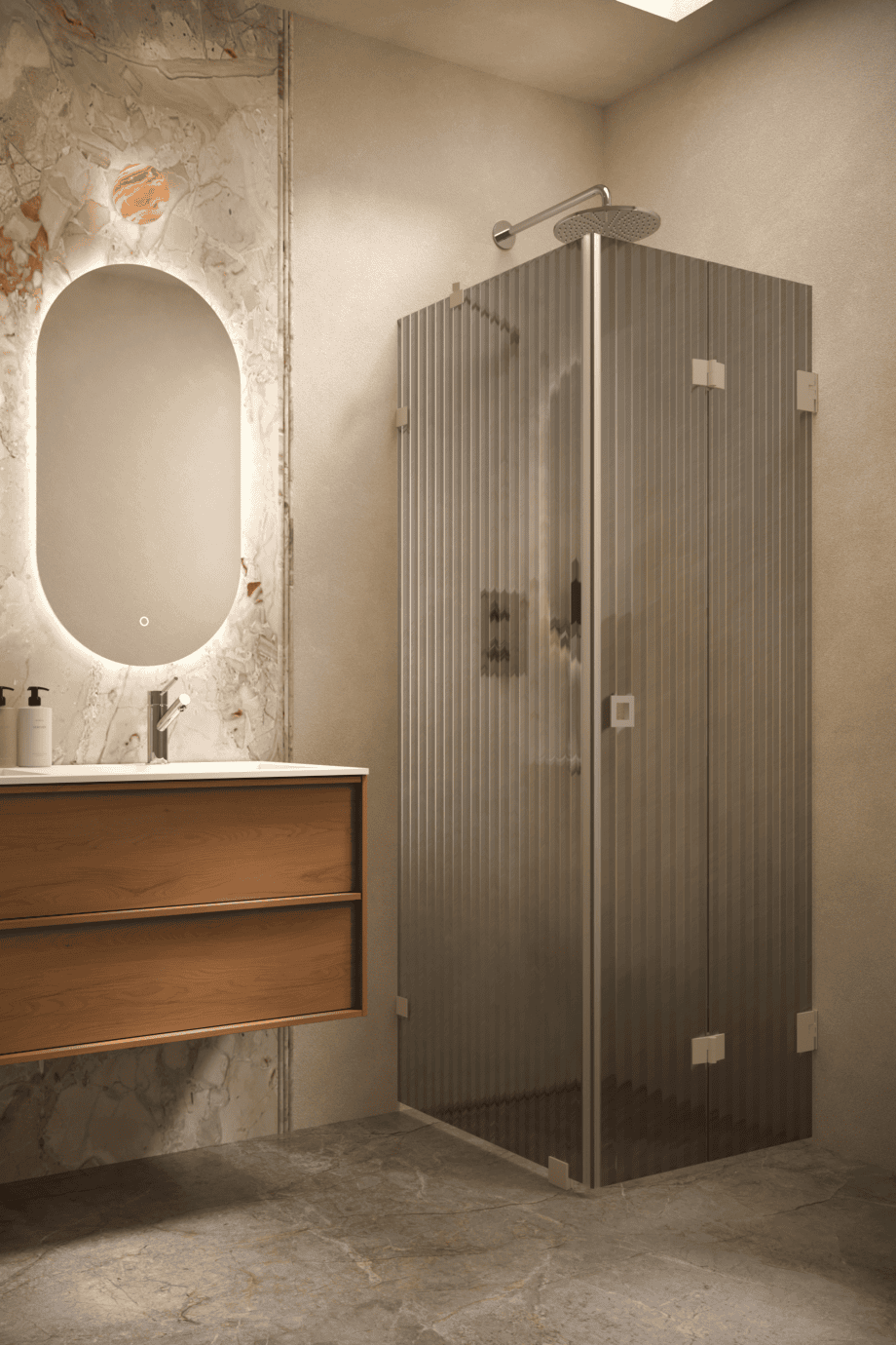 Duschhörna Hietakari Vetro 541, Sand-beslag, grått räfflat glas (Reeded)