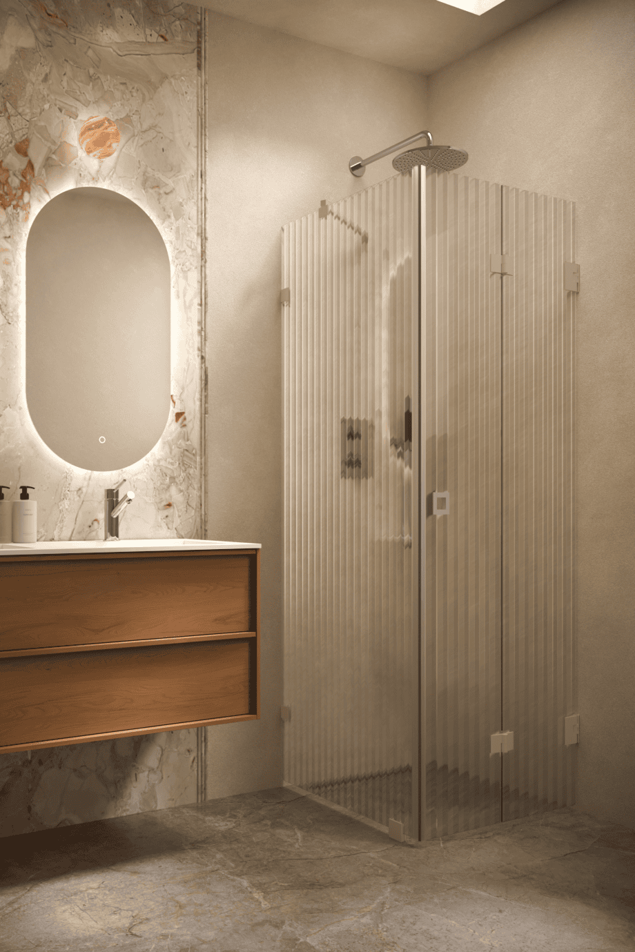 Duschhörna Hietakari Vetro 541, Sand-beslag, räfflat glas (Reeded)