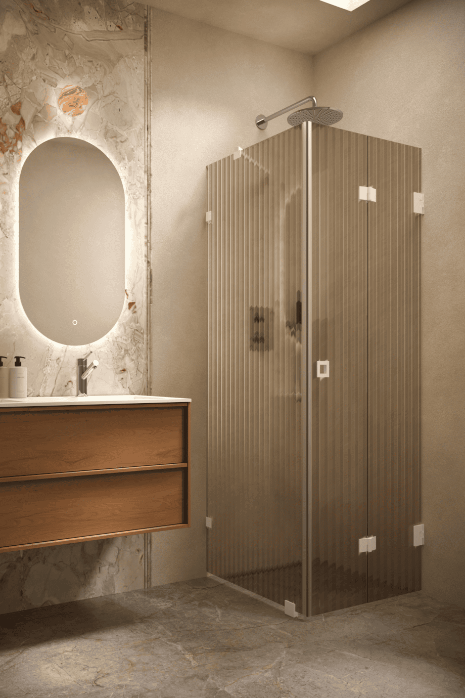 Duschhörna Hietakari Vetro 541, vita beslag, brunt räfflat glas (Reeded)