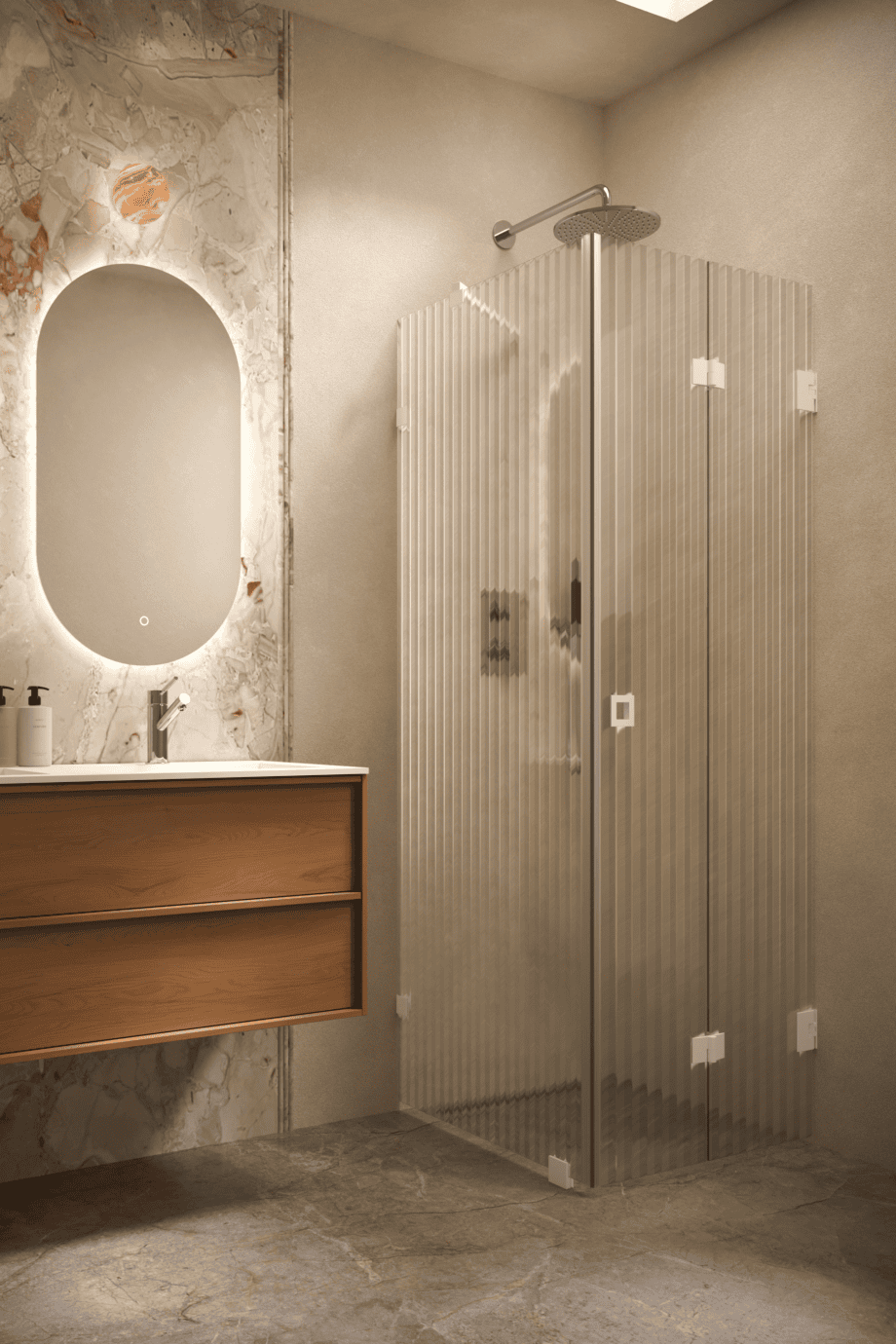 Duschhörna Hietakari Vetro 541, vita beslag, räfflat glas (Reeded)