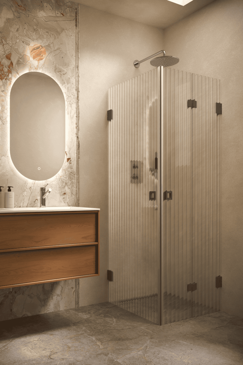 Duschhörna Hietakari Vetro 544, Cocoa-beslag, räfflat glas (Reeded)