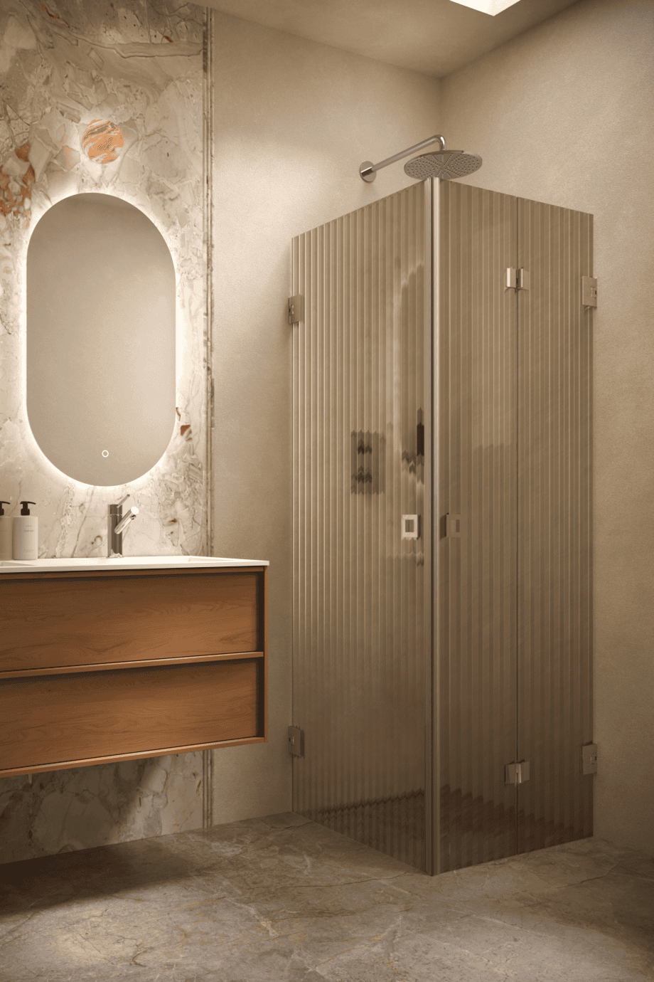 Duschhörna Hietakari Vetro 544, mässingsbeslag, brunt räfflat glas (Reeded)