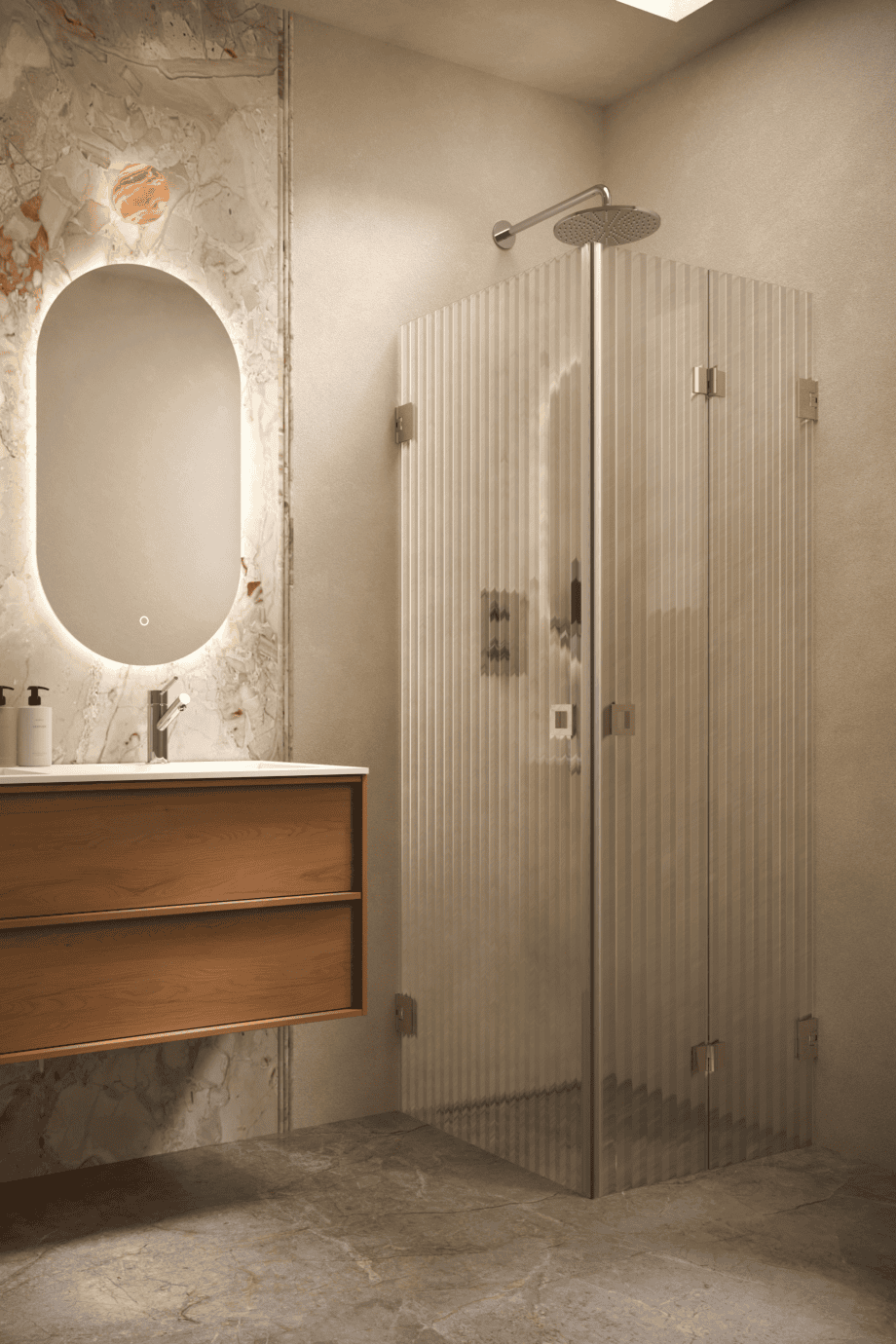 Duschhörna Hietakari Vetro 544, mässingsbeslag, räfflat glas (Reeded)