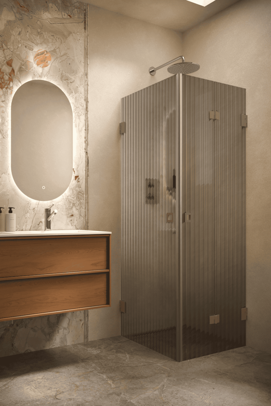 Duschhörna Hietakari Vetro 544, Mocha-beslag, grått räfflat glas (Reeded)