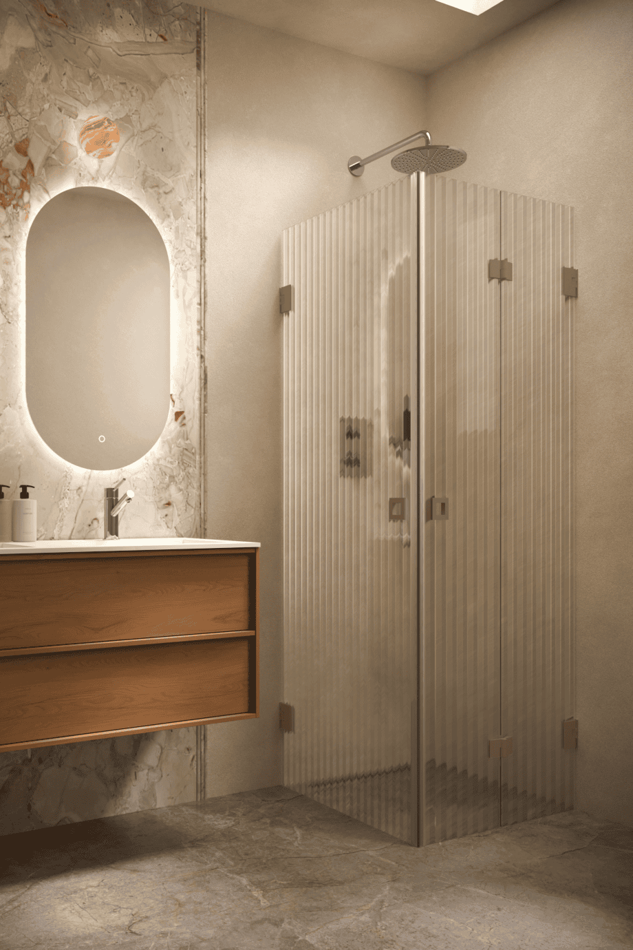 Duschhörna Hietakari Vetro 544, Mocha-beslag, räfflat glas (Reeded)