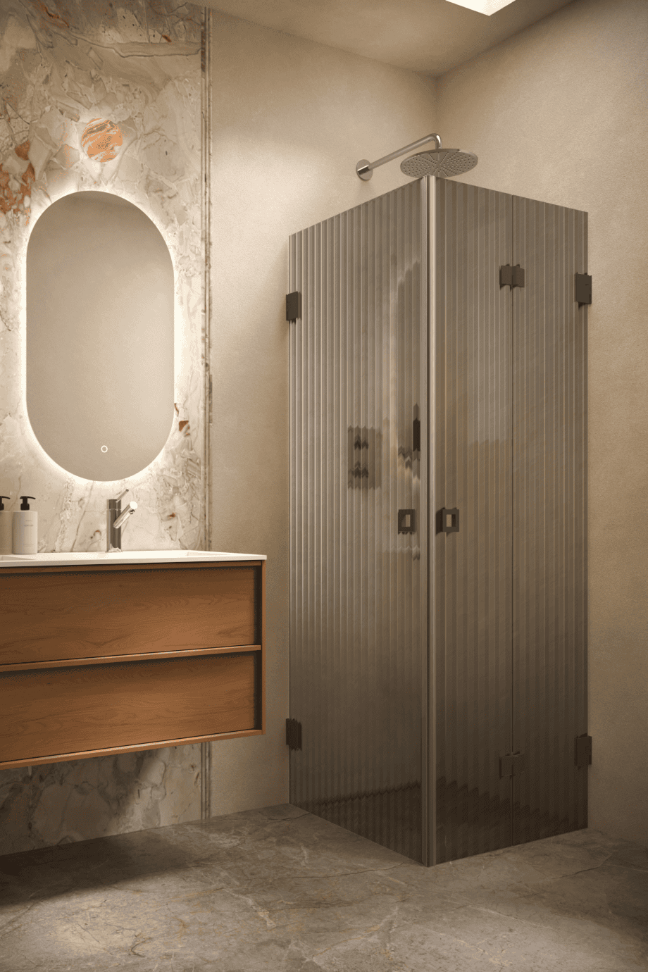 Duschhörna Hietakari Vetro 544, svarta beslag, grått räfflat glas (Reeded)