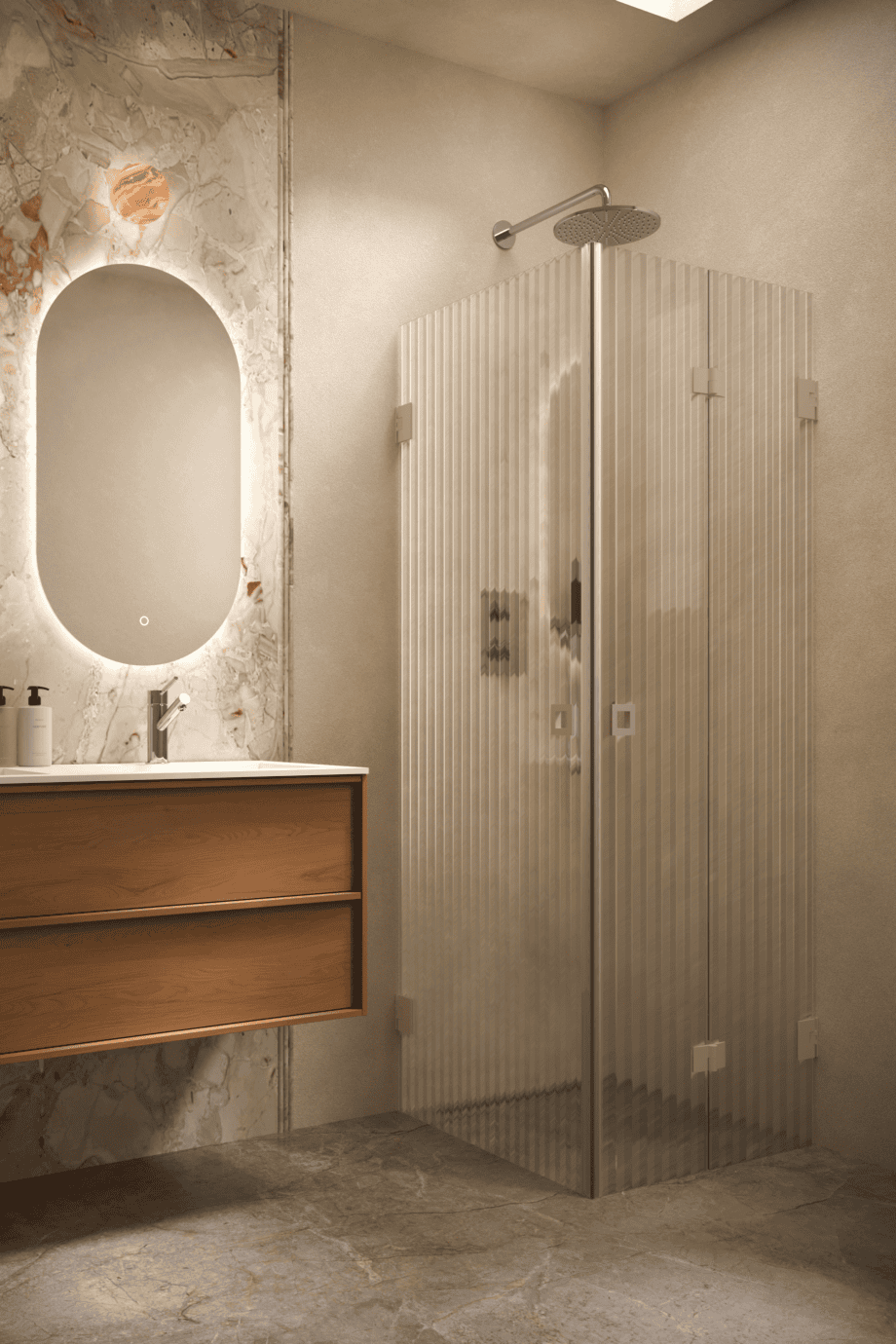 Duschhörna Hietakari Vetro 544, Sand-beslag, räfflat glas (Reeded)