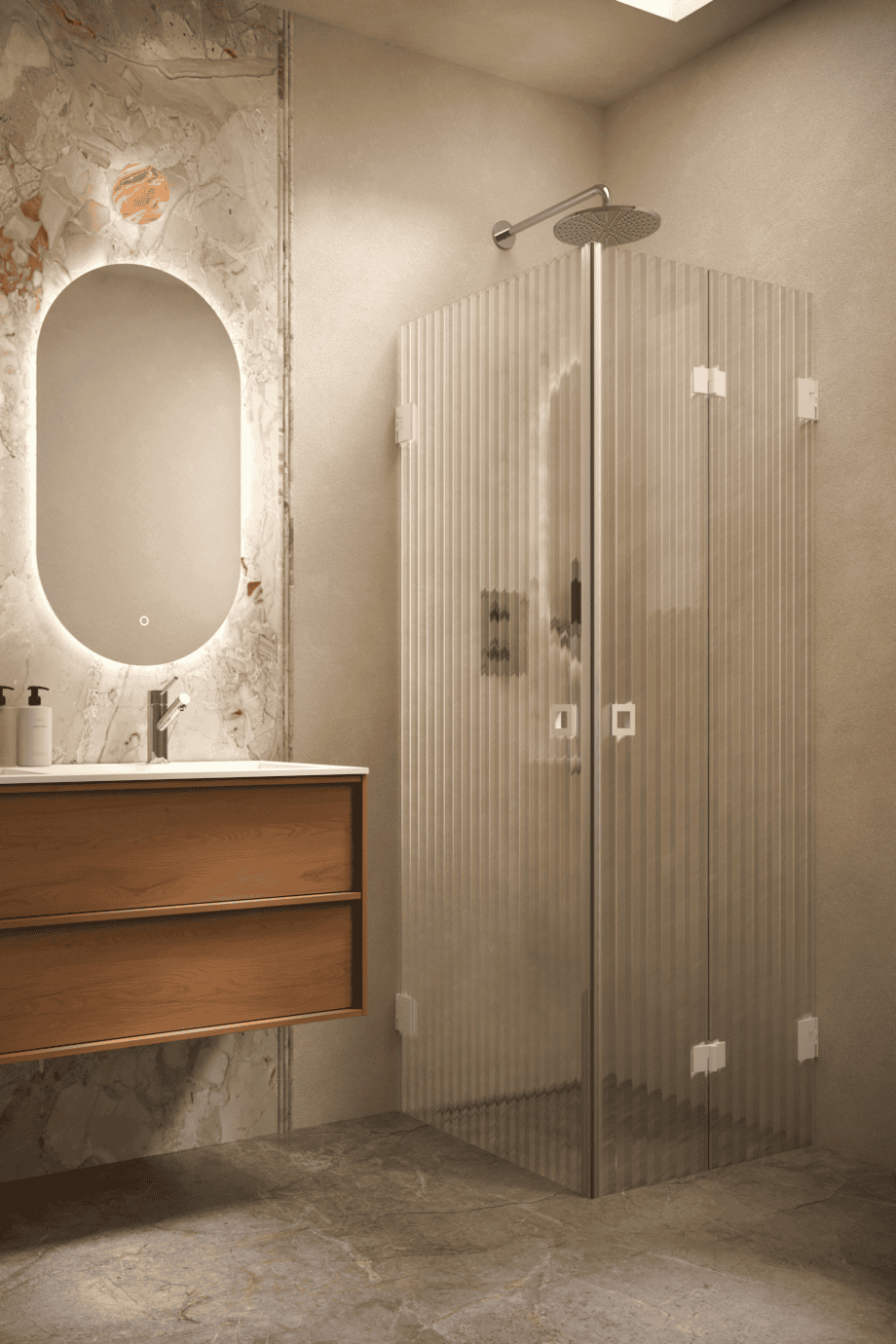 Duschhörna Hietakari Vetro 544, vita beslag, räfflat glas (Reeded)